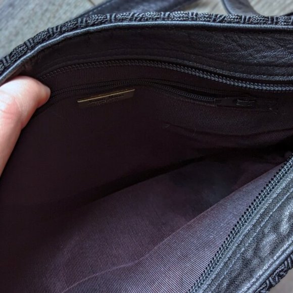 VINTAGE Leather & Woven Fabric Purse Black Shoulder Bag Whimsygoth Mesh 90s - Picture 7 of 10